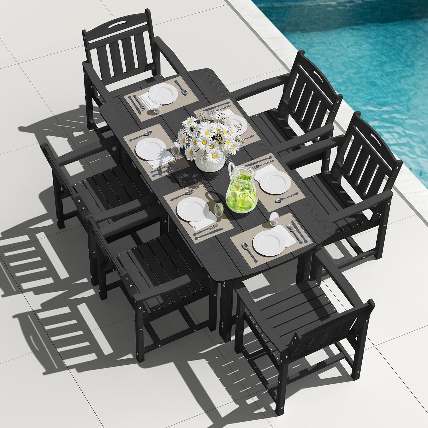 black patio dining set with umbrella 7pc HDPE Six Chairs Hole – SAUNDERSNOVAPULSE LED EYES 2.0 (Pinlock Curved smooth armrest hammitt Color::X-Small Matte Titanium