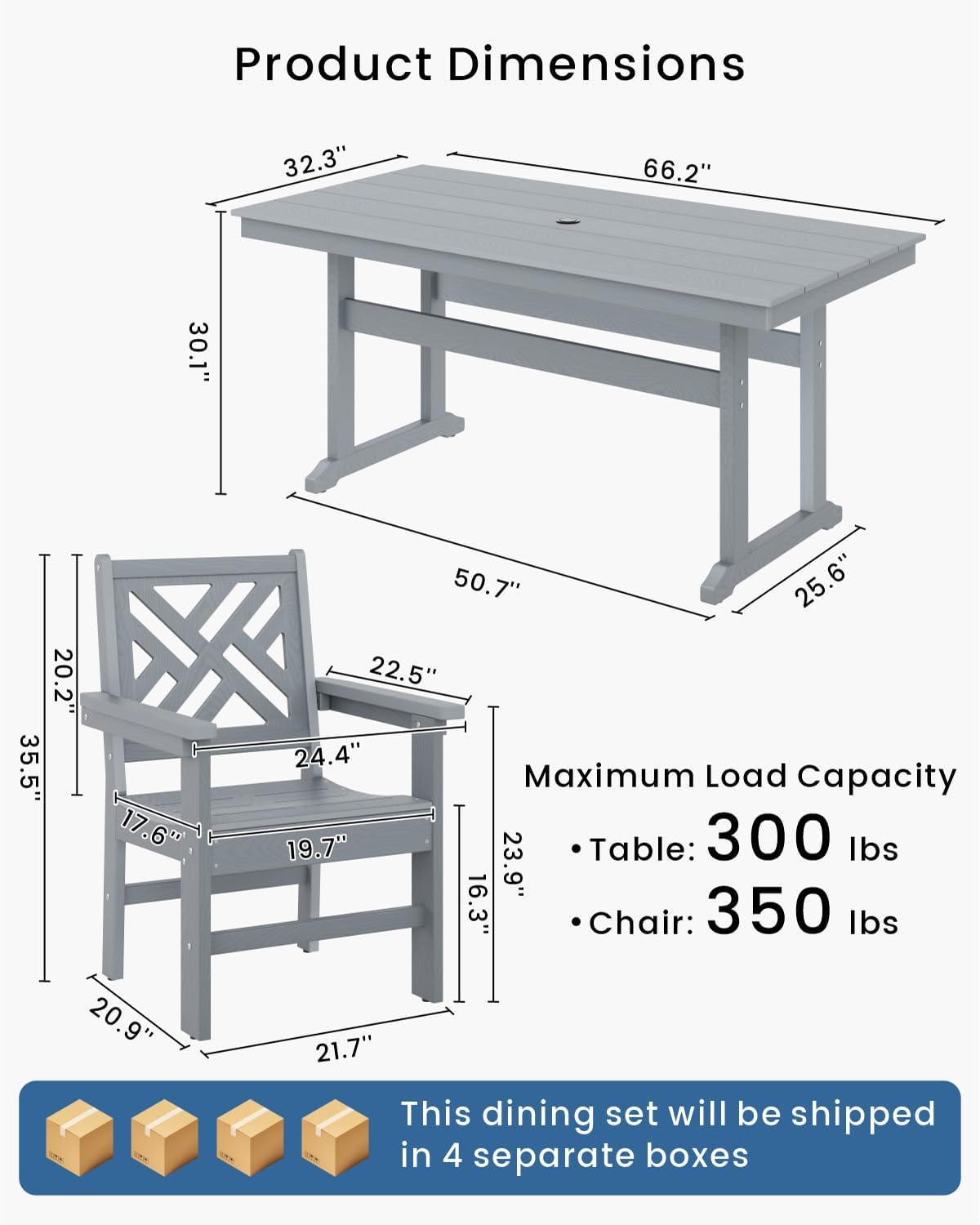 7pc Grey HDPE Dining Set Six Chairs Umbrella Hole