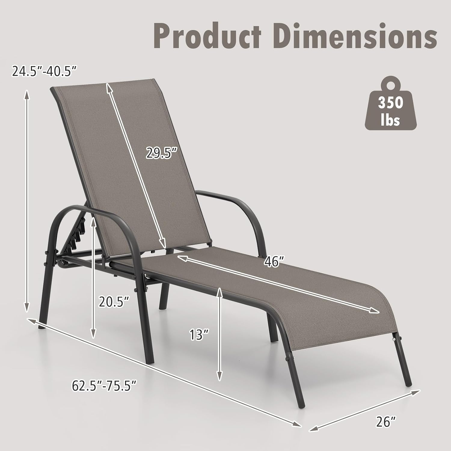 Breathable Metal Frame 5-Position Pool Chaise Lounge