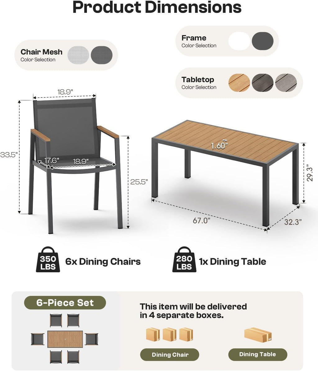 7pc Aluminum Gray-Teak Dining Set Umbrella Hole Chairs