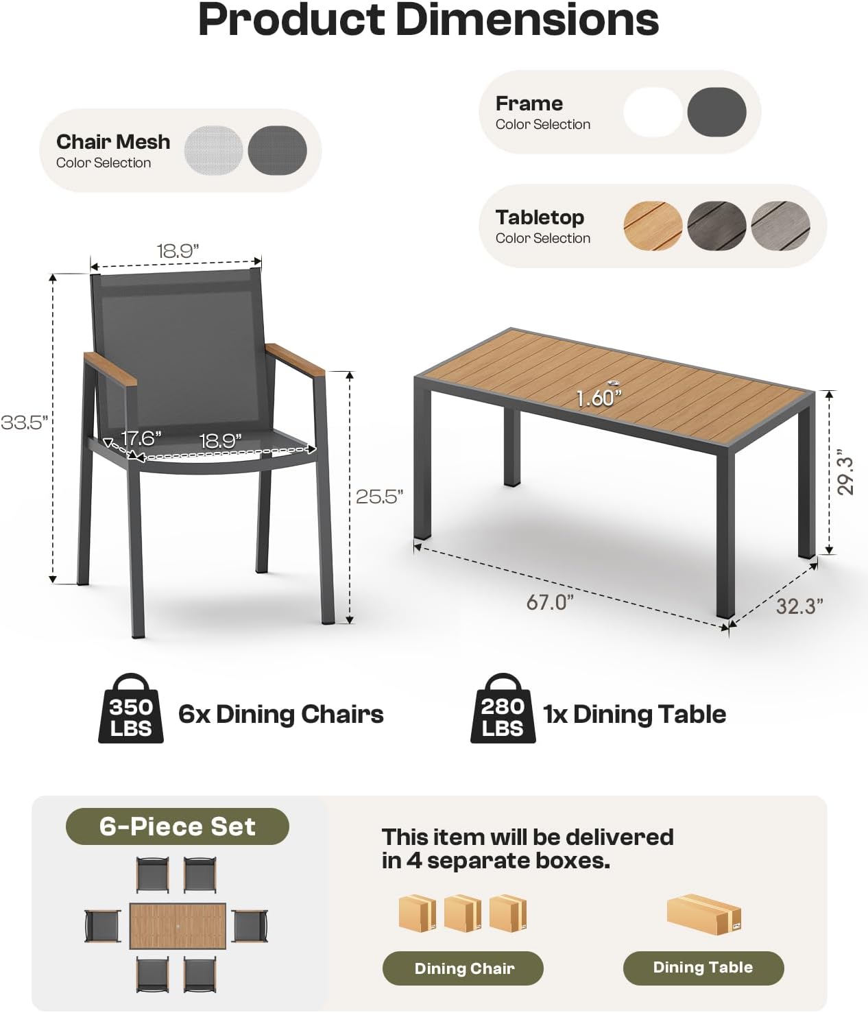 7pc Aluminum Gray-Teak Dining Set Umbrella Hole Chairs