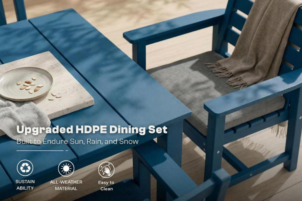 9pc HDPE Dining Set Blue Eight Chairs Umbrella Hole