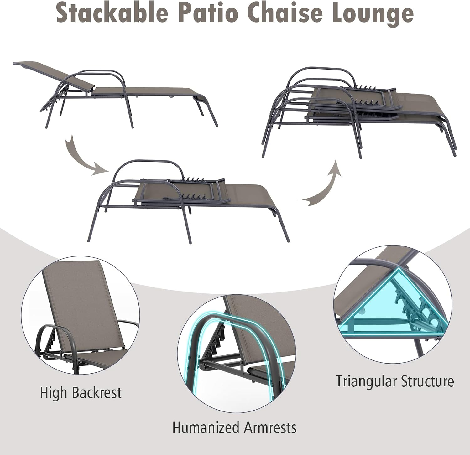 Breathable Metal Frame 5-Position Pool Chaise Lounge