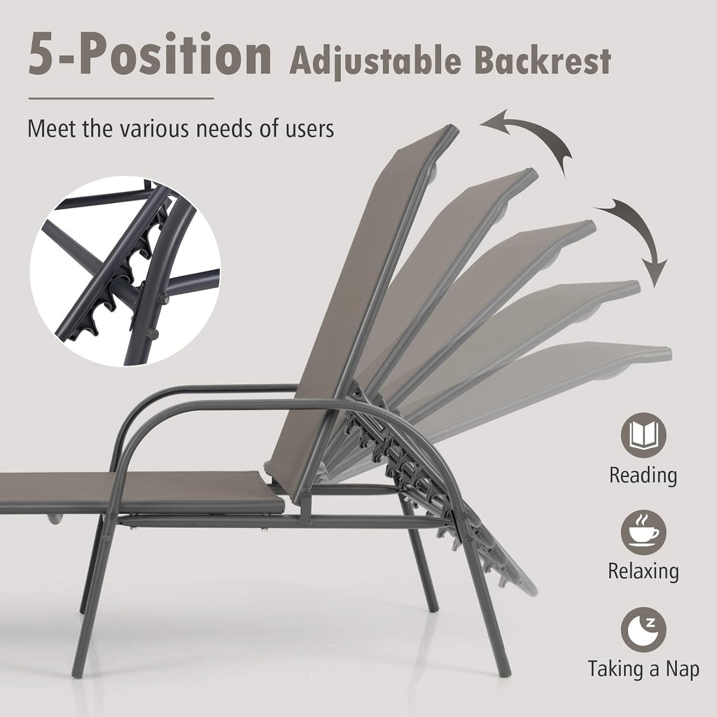 Breathable Metal Frame 5-Position Pool Chaise Lounge
