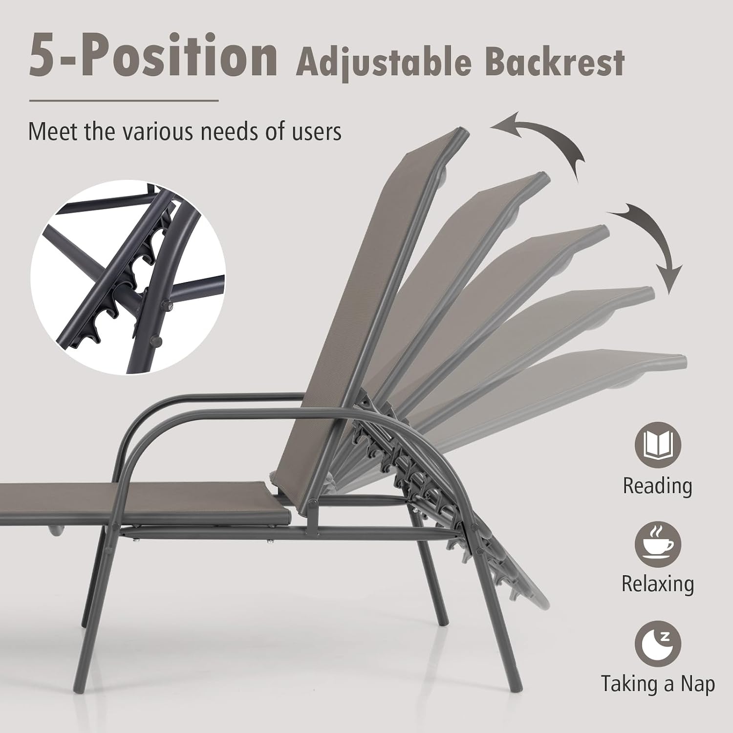 Breathable Metal Frame 5-Position Pool Chaise Lounge
