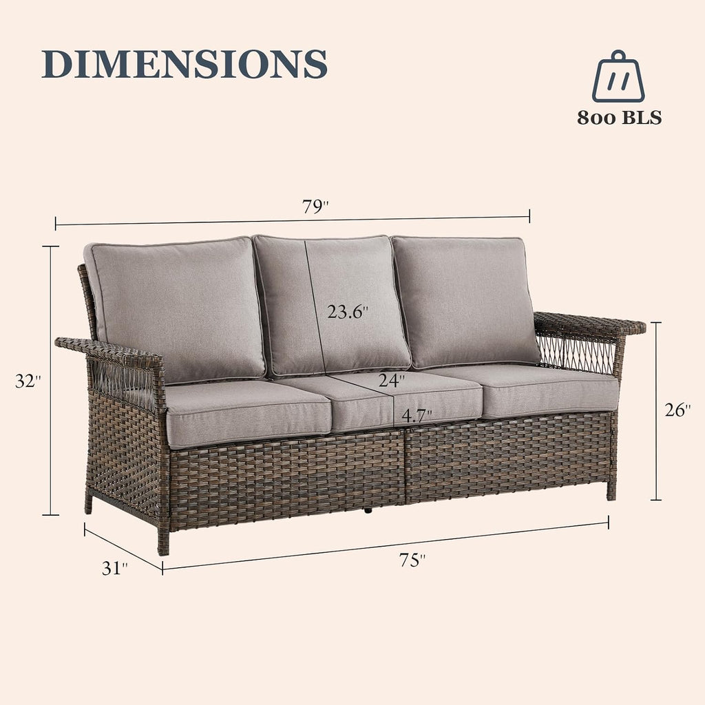 3pc Wicker Sofa Set Rattan Ottomans Grey Cushions