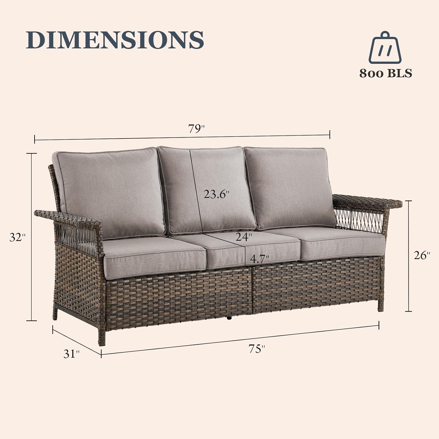 3pc Wicker Sofa Set Rattan Ottomans Grey Cushions
