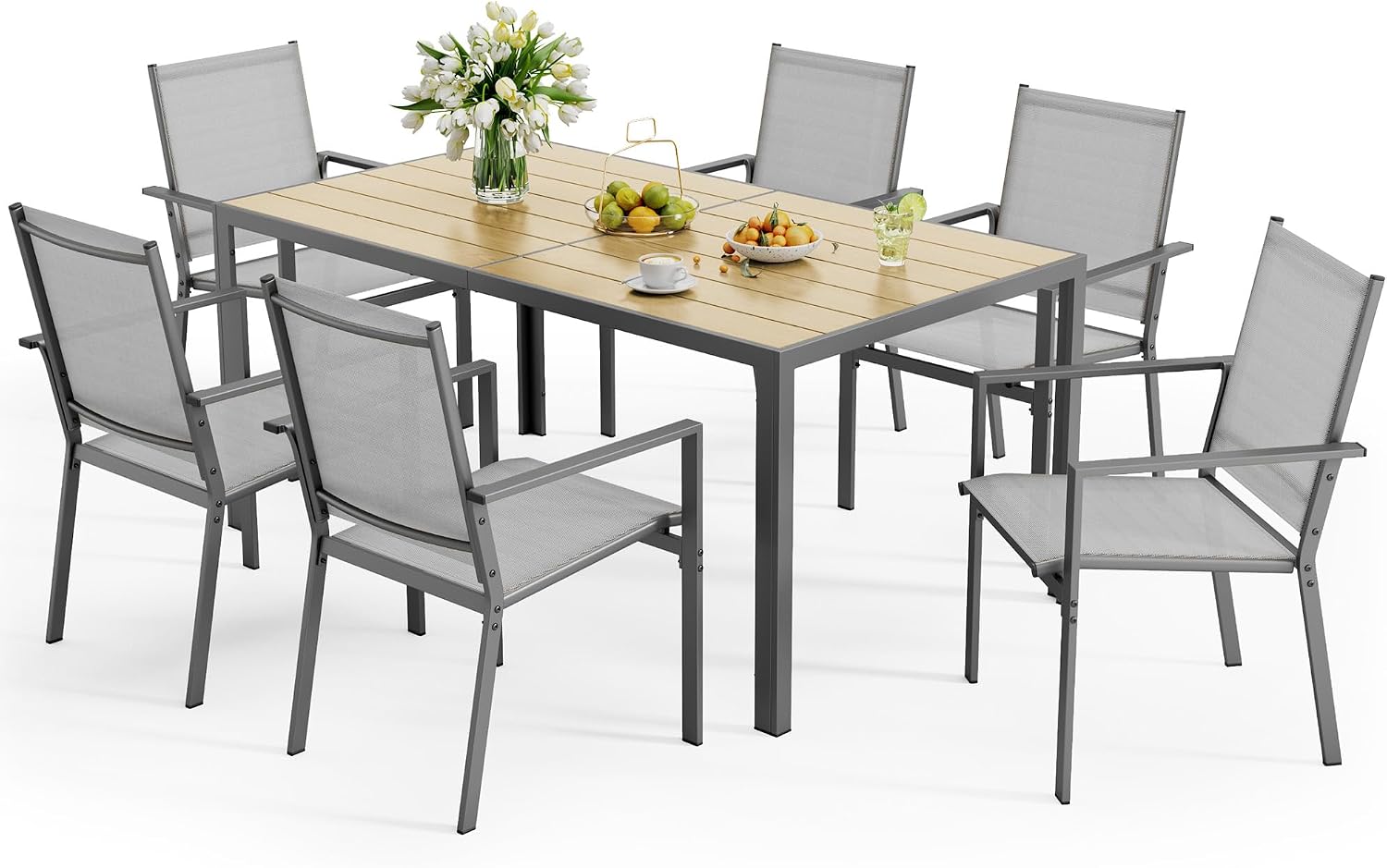 6 Seat Rectangular Dining Set Umbrella Hole Grey Brown