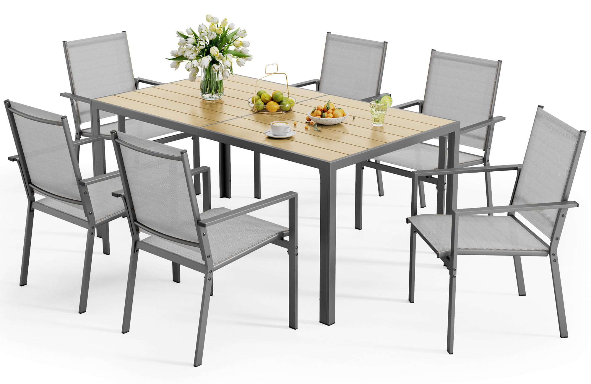 6 Seat Rectangular Dining Set Umbrella Hole Grey Brown