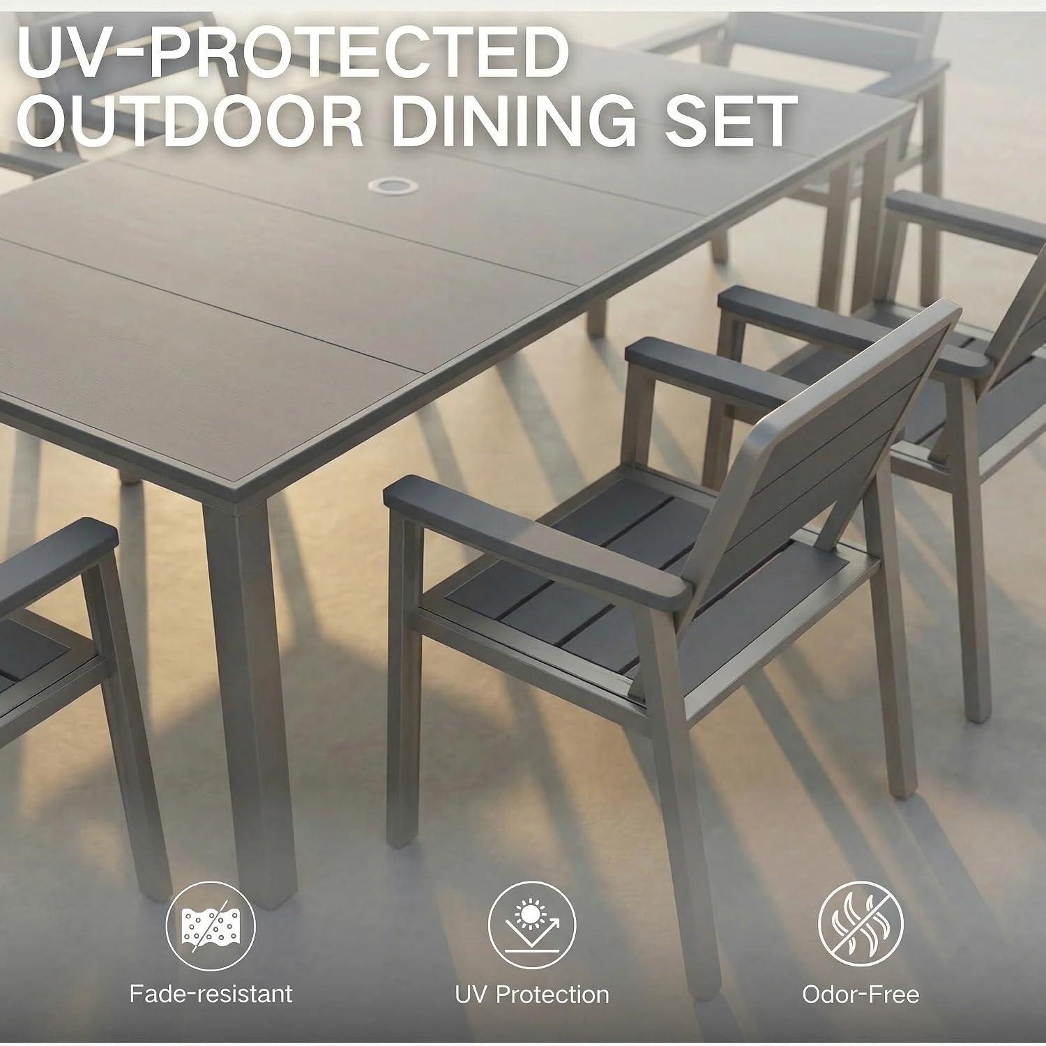 7pc HDPE Metal Dining Set Grey Umbrella Hole Chairs