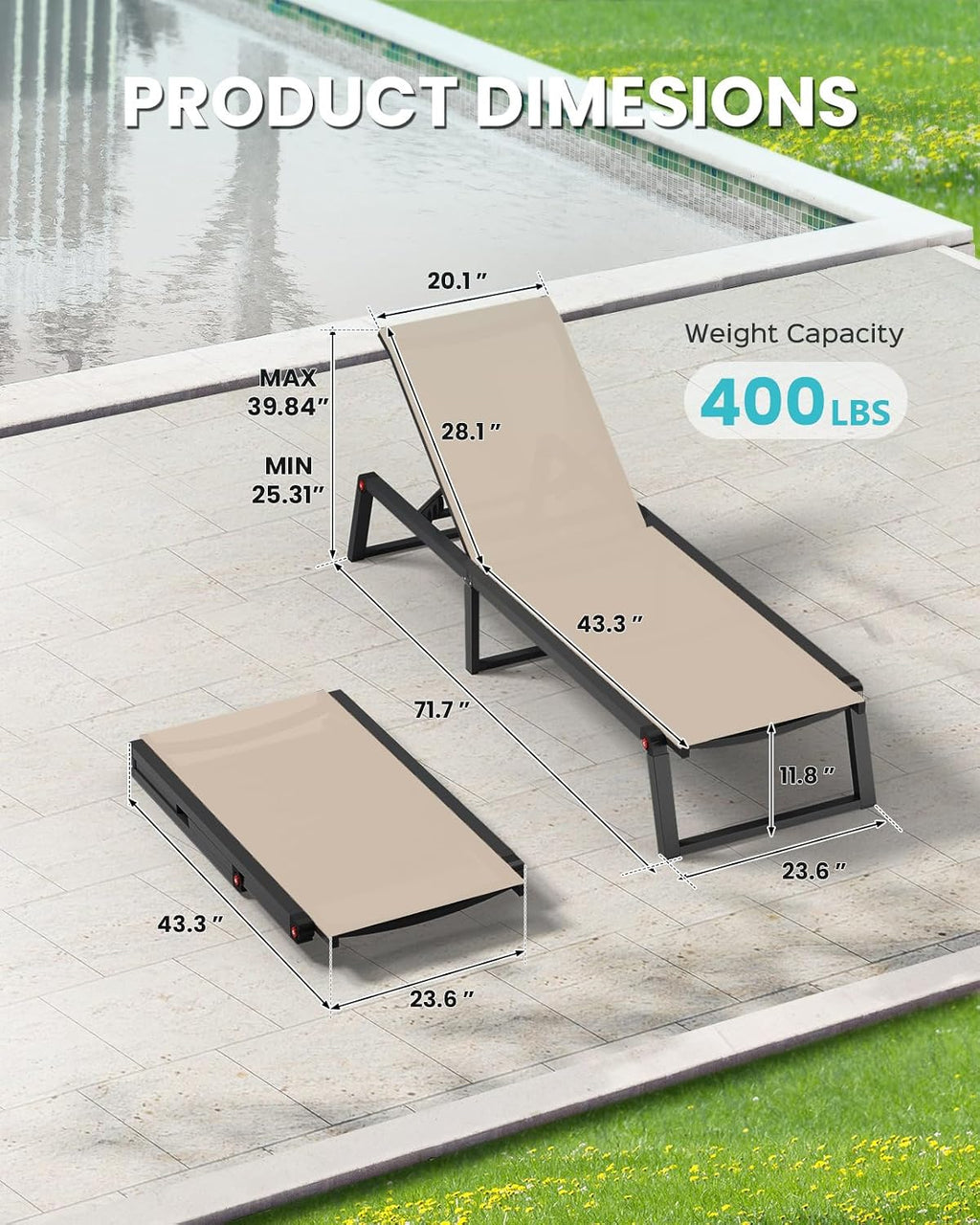 Foldable Aluminum Outdoor 5-Position Pool Chaise Lounge
