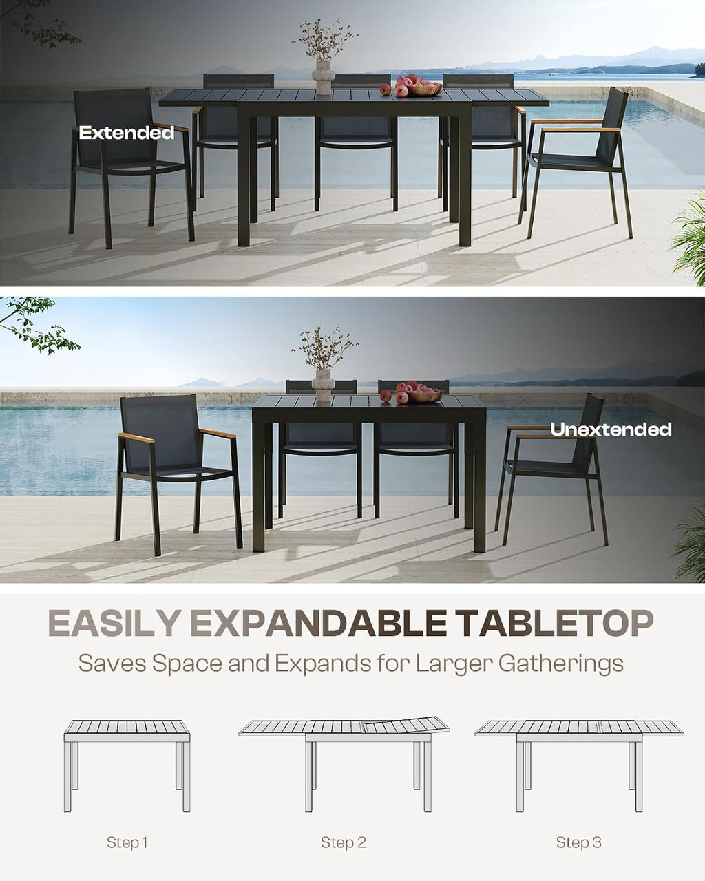 6 Seat Aluminum Expandable Dining Set Gray Textilene