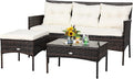 3 Piece PE Rattan Set Cushions Tempered Glass Table