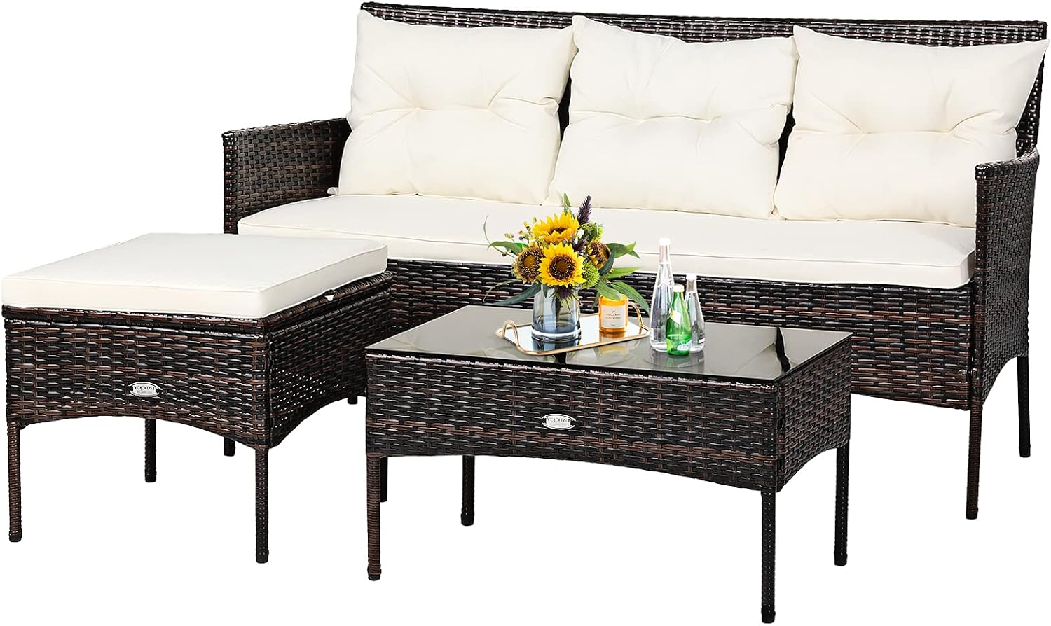 3 Piece PE Rattan Set Cushions Tempered Glass Table