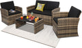 4-Piece Wicker Sectional Set Cushioned Glass Table