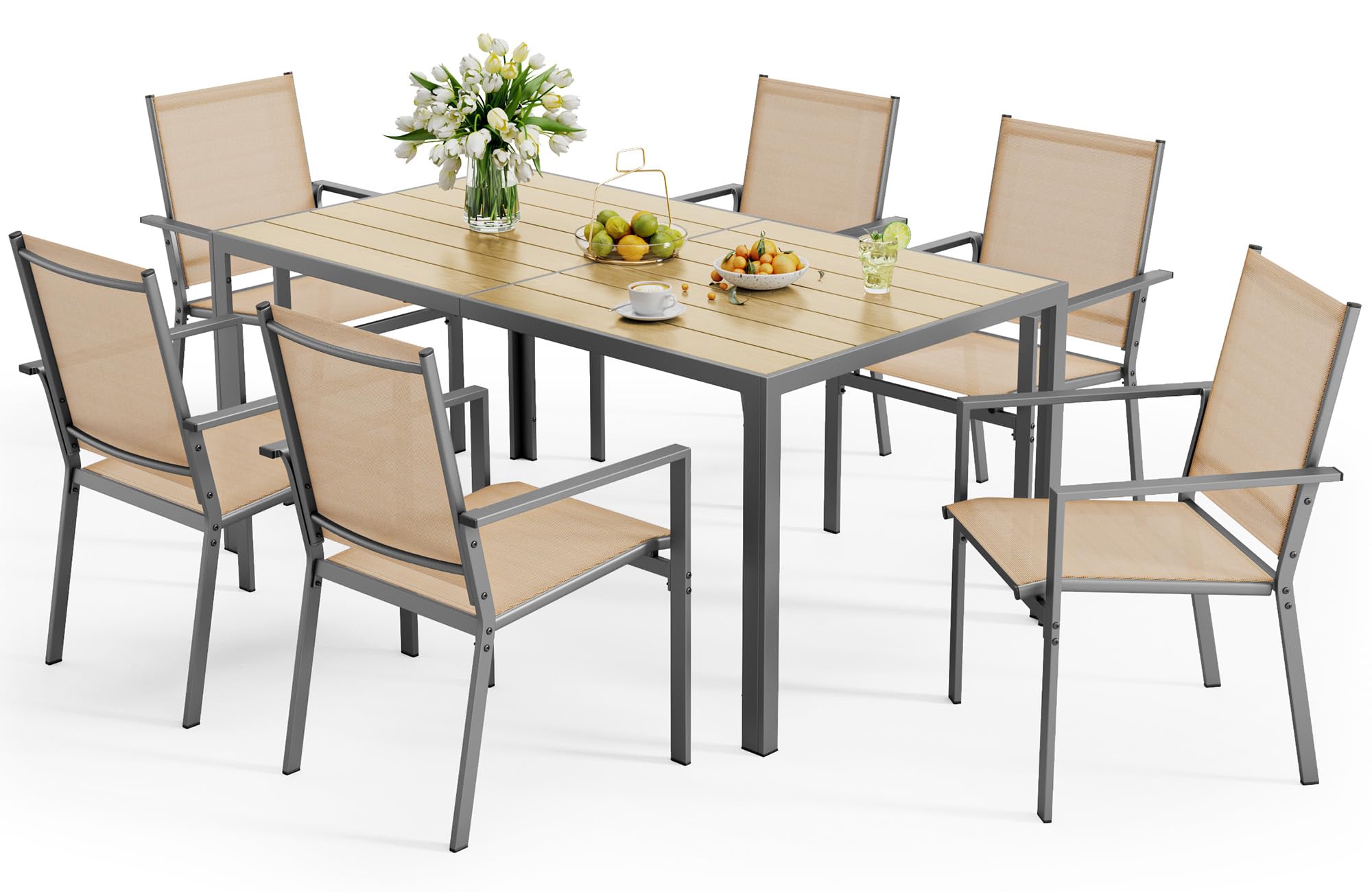 6 Seat Rectangular Dining Set Umbrella Hole Grey Brown