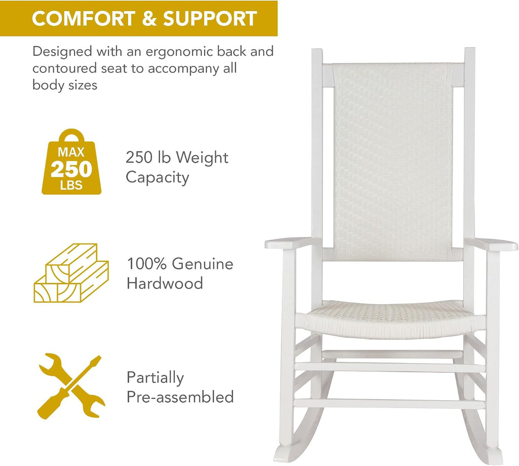 White High Back Wood Rocker Rattan Porch Chair