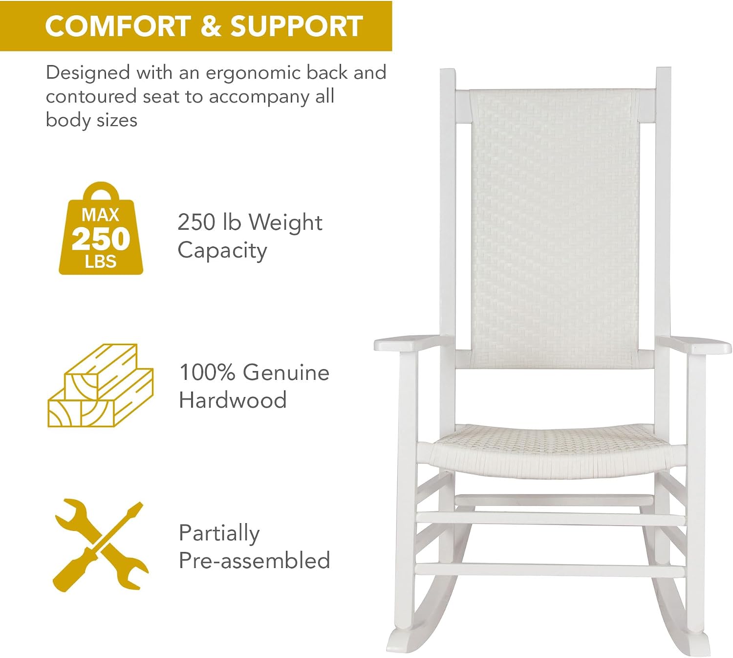 White High Back Wood Rocker Rattan Porch Chair