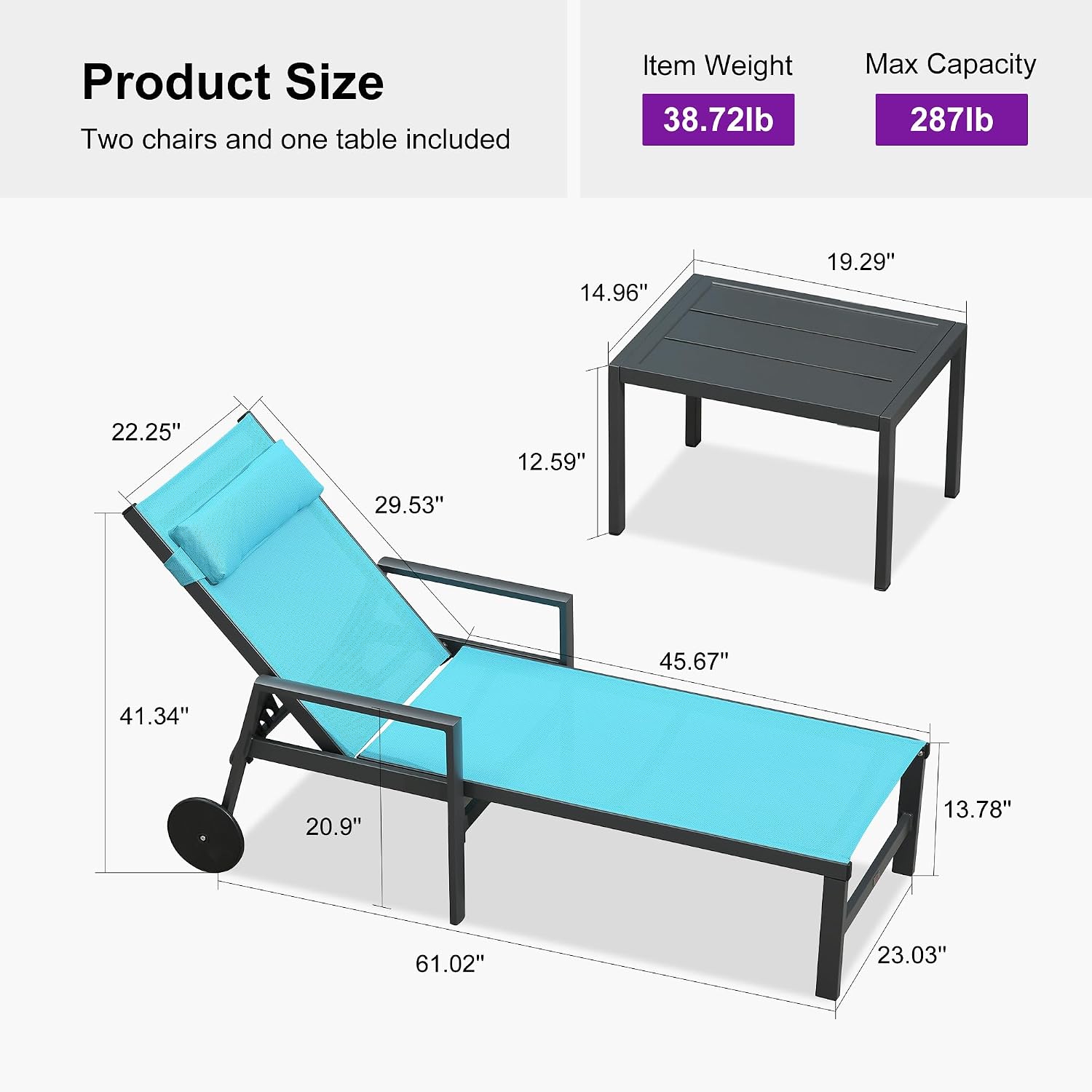 Aluminum Wheeled Patio Lounge Chair Set With Table Pillows
