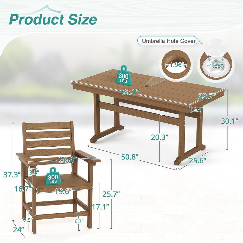 7pc Rectangular HDPS Dining Set Brown Umbrella Hole