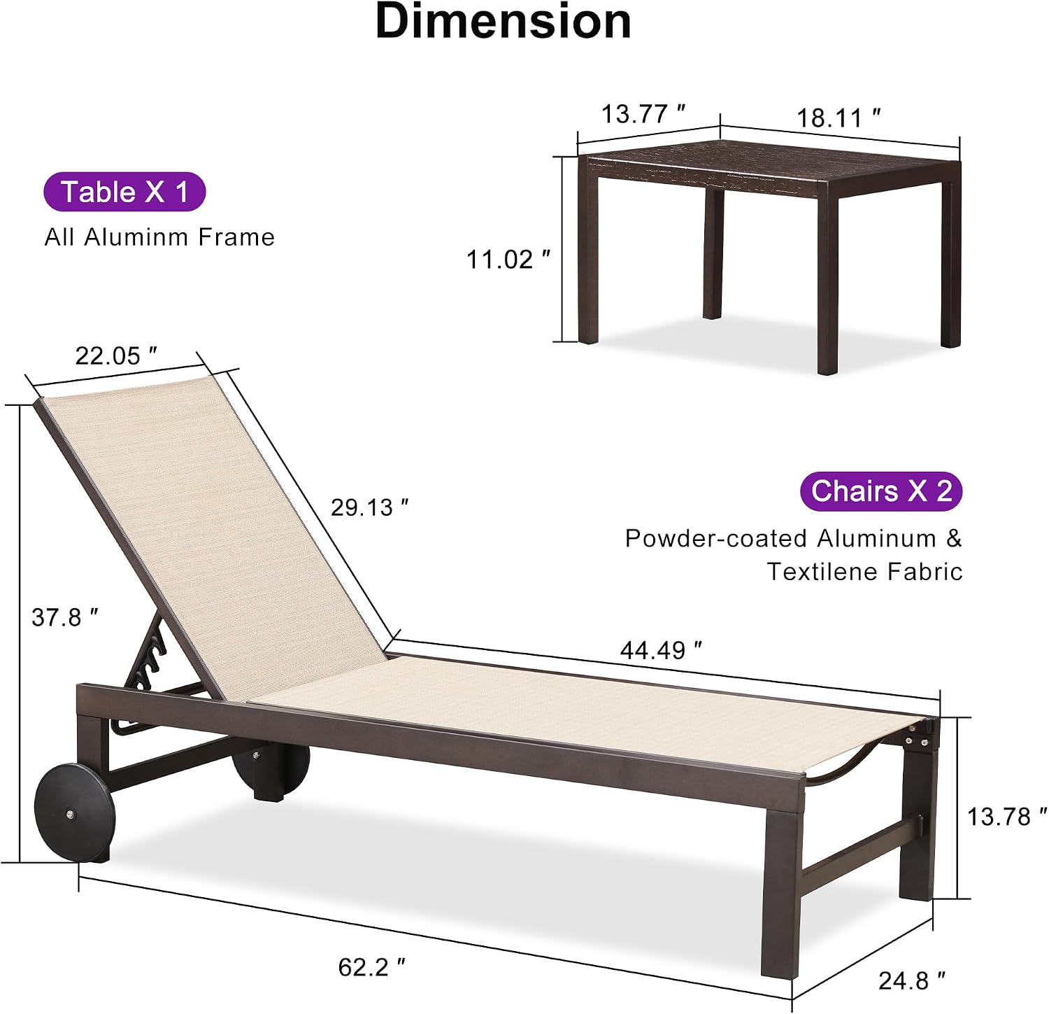 Bronze Aluminum Wheeled Patio Lounge Chair 2 Pack Table