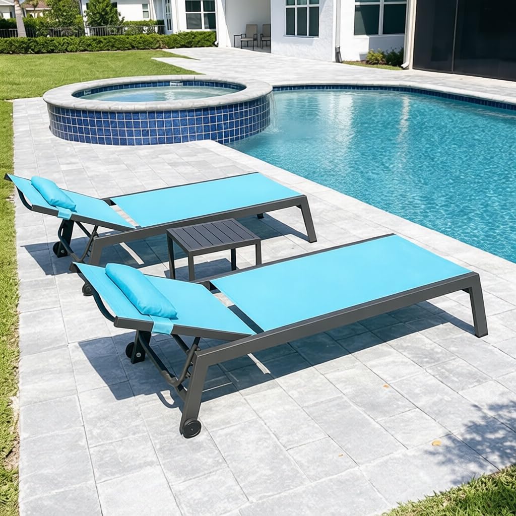 Aluminum Wheeled Patio Lounge Chair Set With Table Pillows