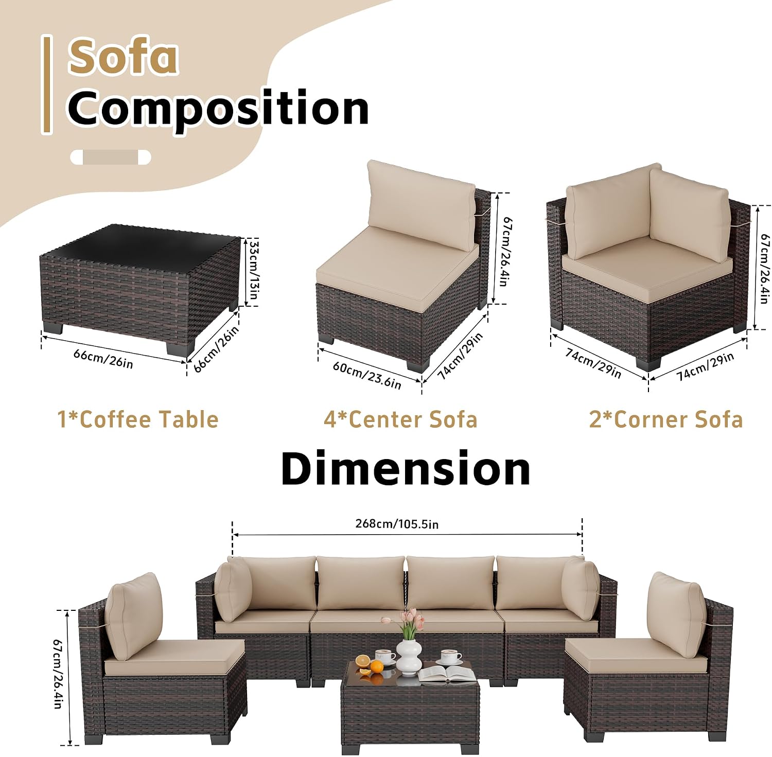 7pc Handwoven Rattan Sectional Patio Tea Table Set
