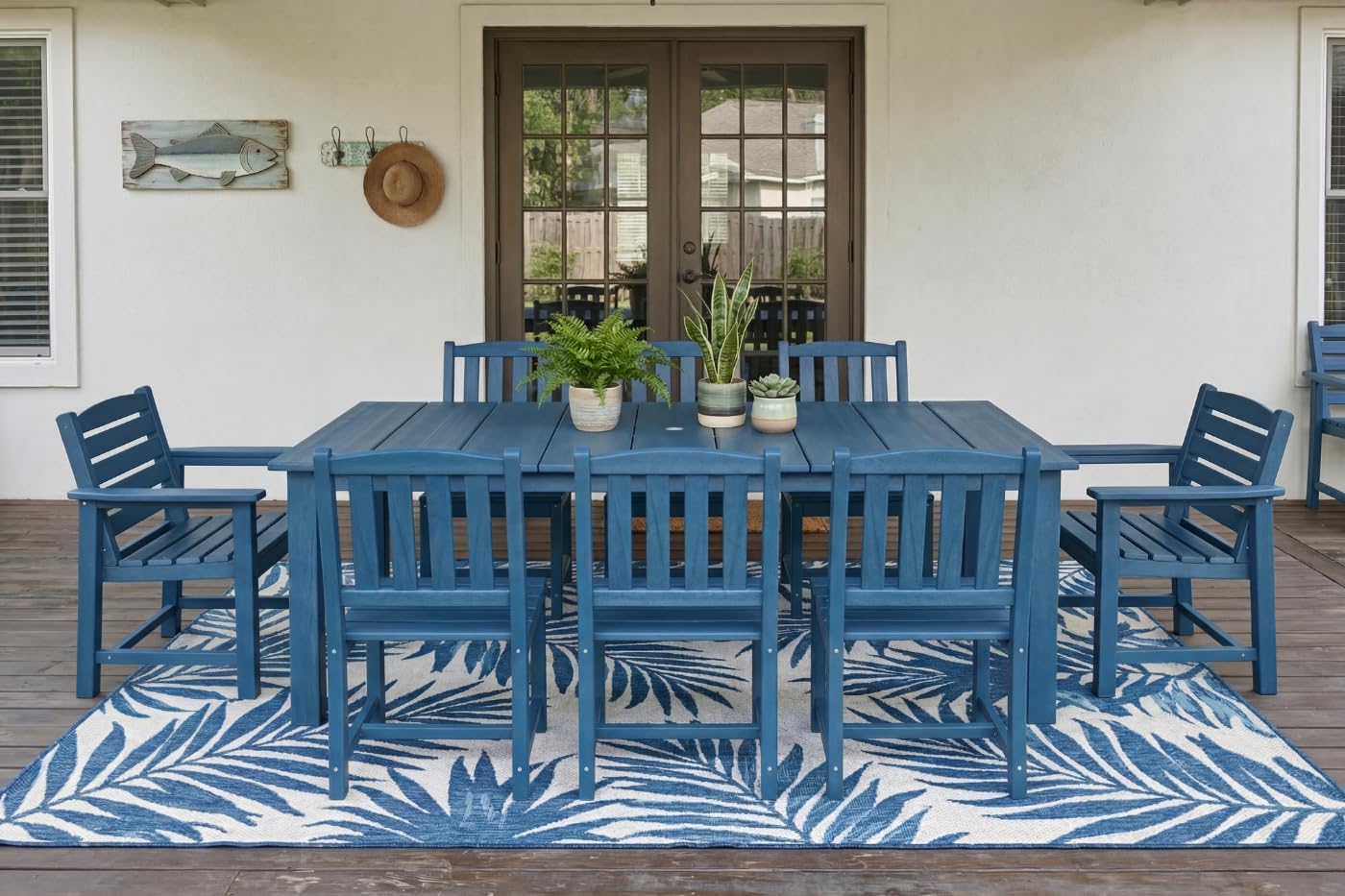 9pc HDPE Dining Set Blue Eight Chairs Umbrella Hole