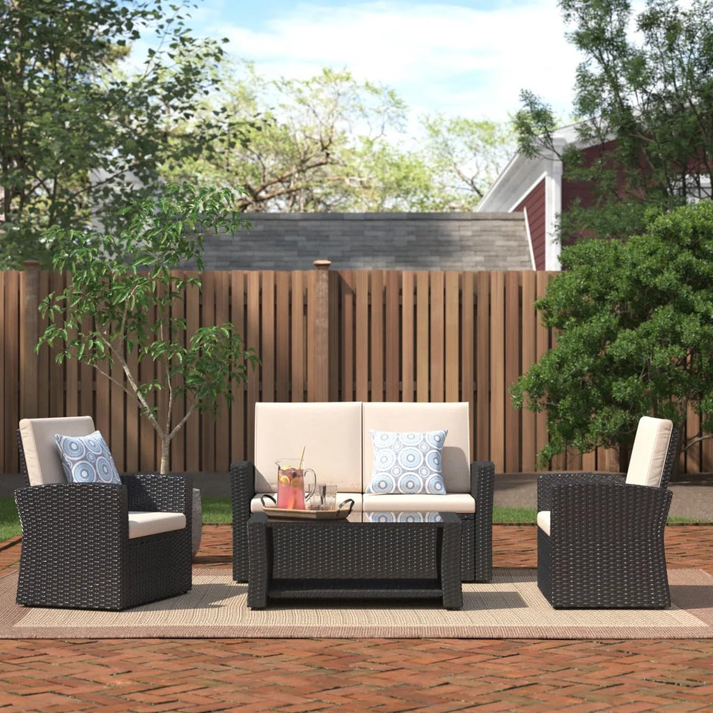 4pc Wicker Sectional Brown Khaki Cushion Table