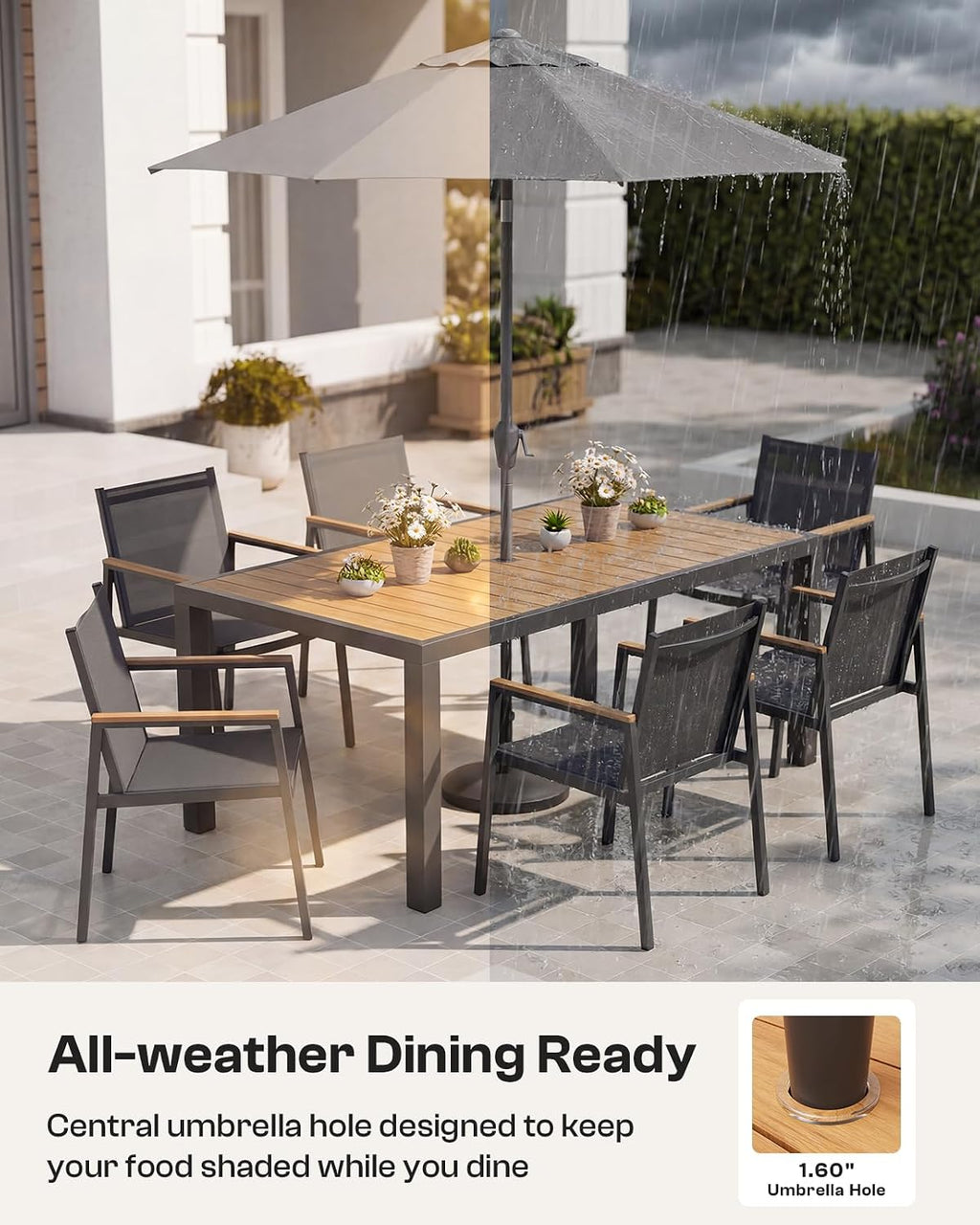 7pc Aluminum Gray-Teak Dining Set Umbrella Hole Chairs