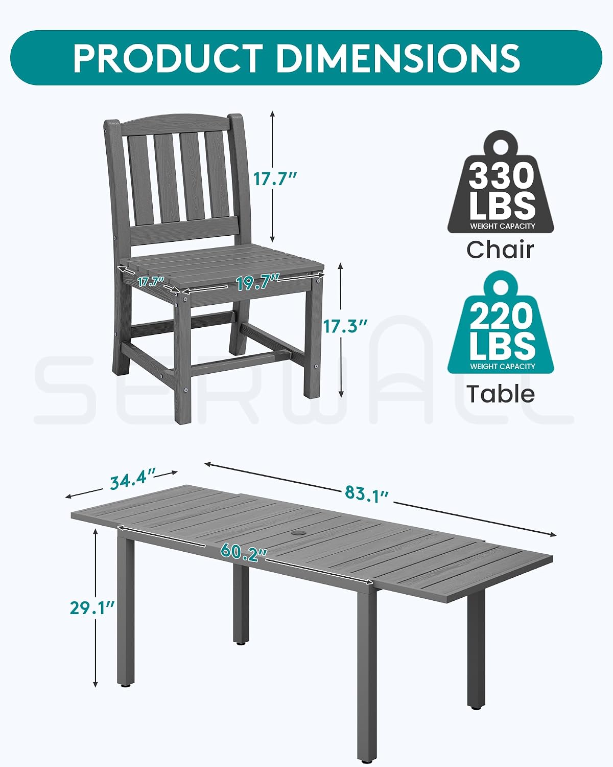 10pc Expandable Table Grey HDPE Eight Chairs Umbrella