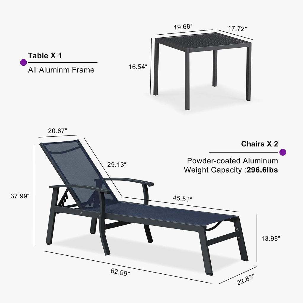 Two Aluminum Lounges with Side Table Armrests