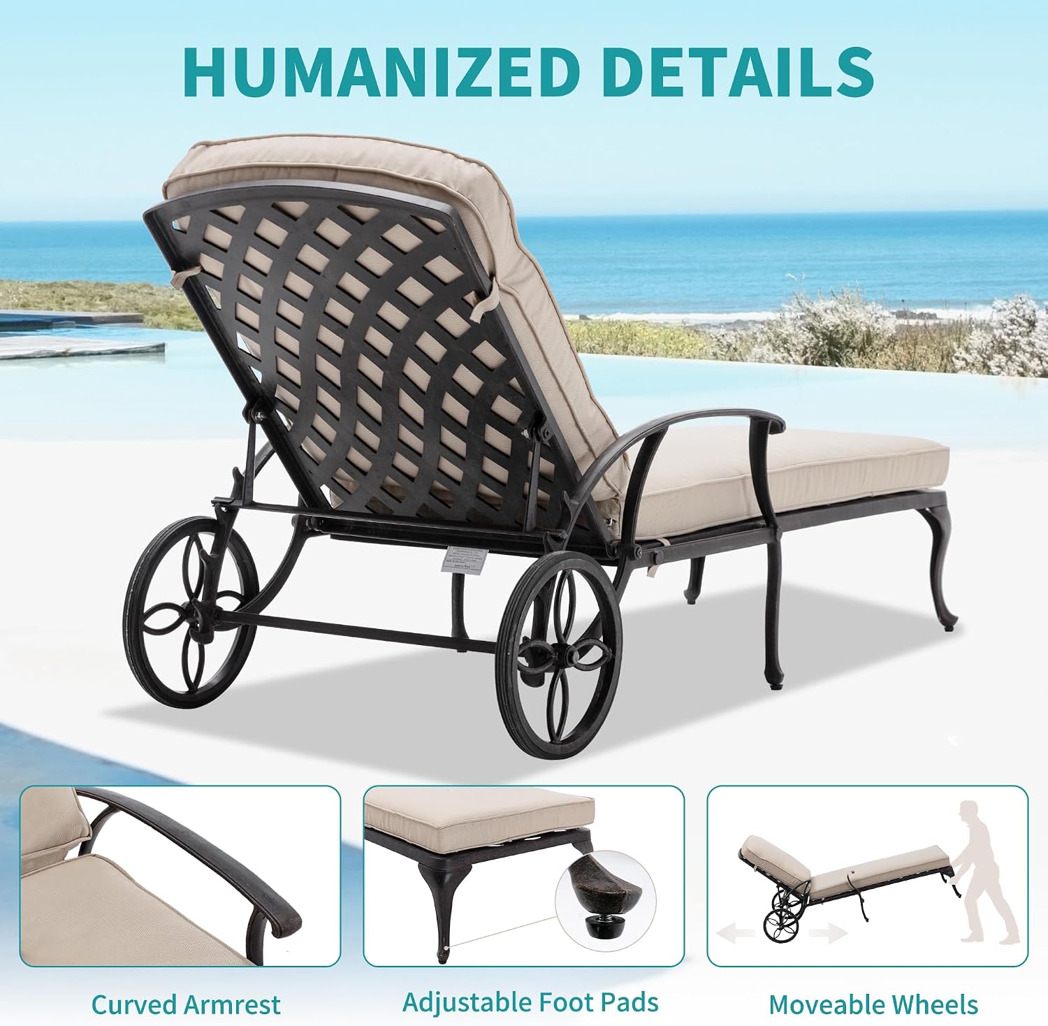 Cast Aluminum Wheeled Cushioned Pool Lounge Chair 2 Pack