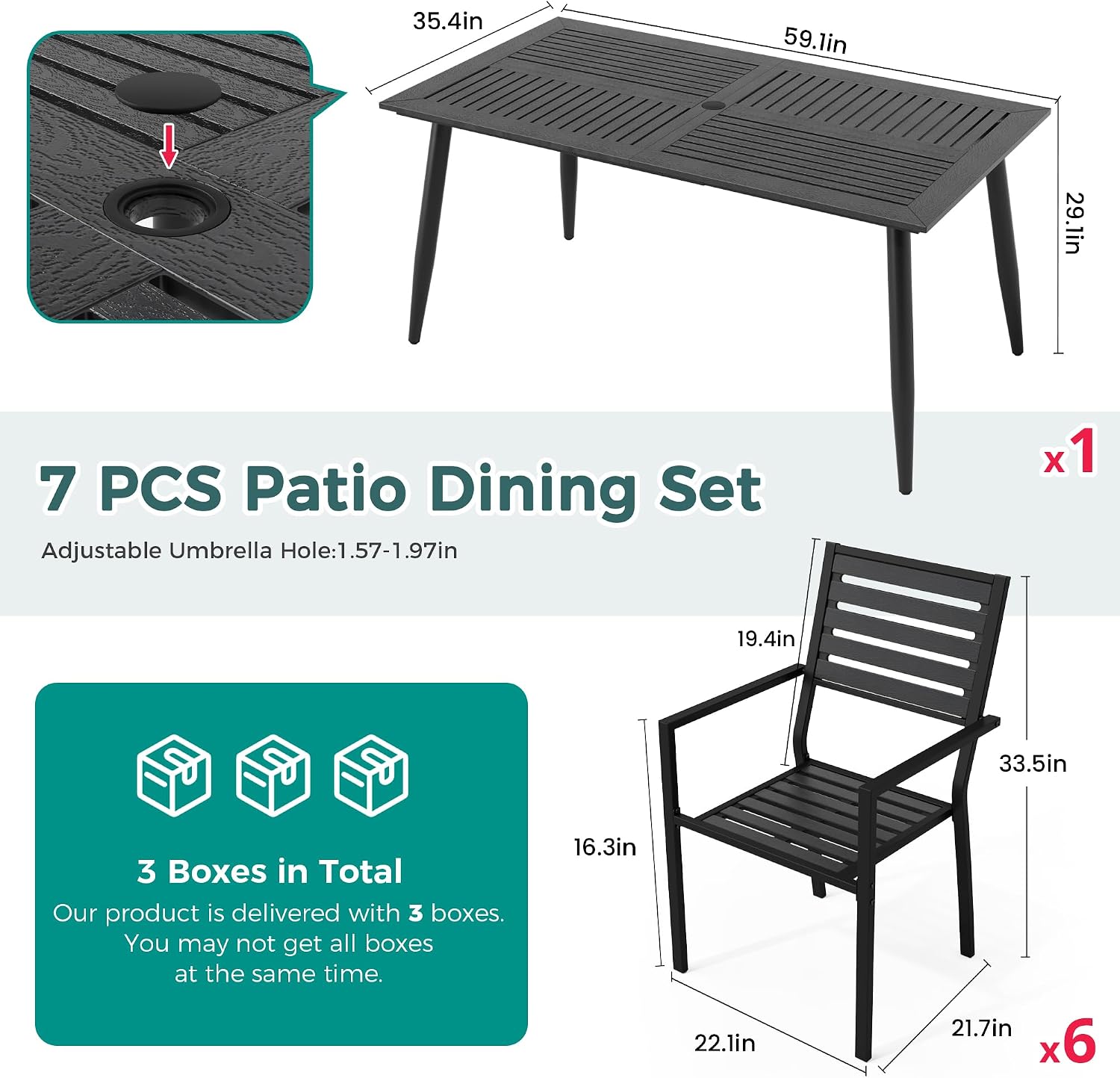 7pc HDPE Dining Set Stackable Iron Frame Chairs