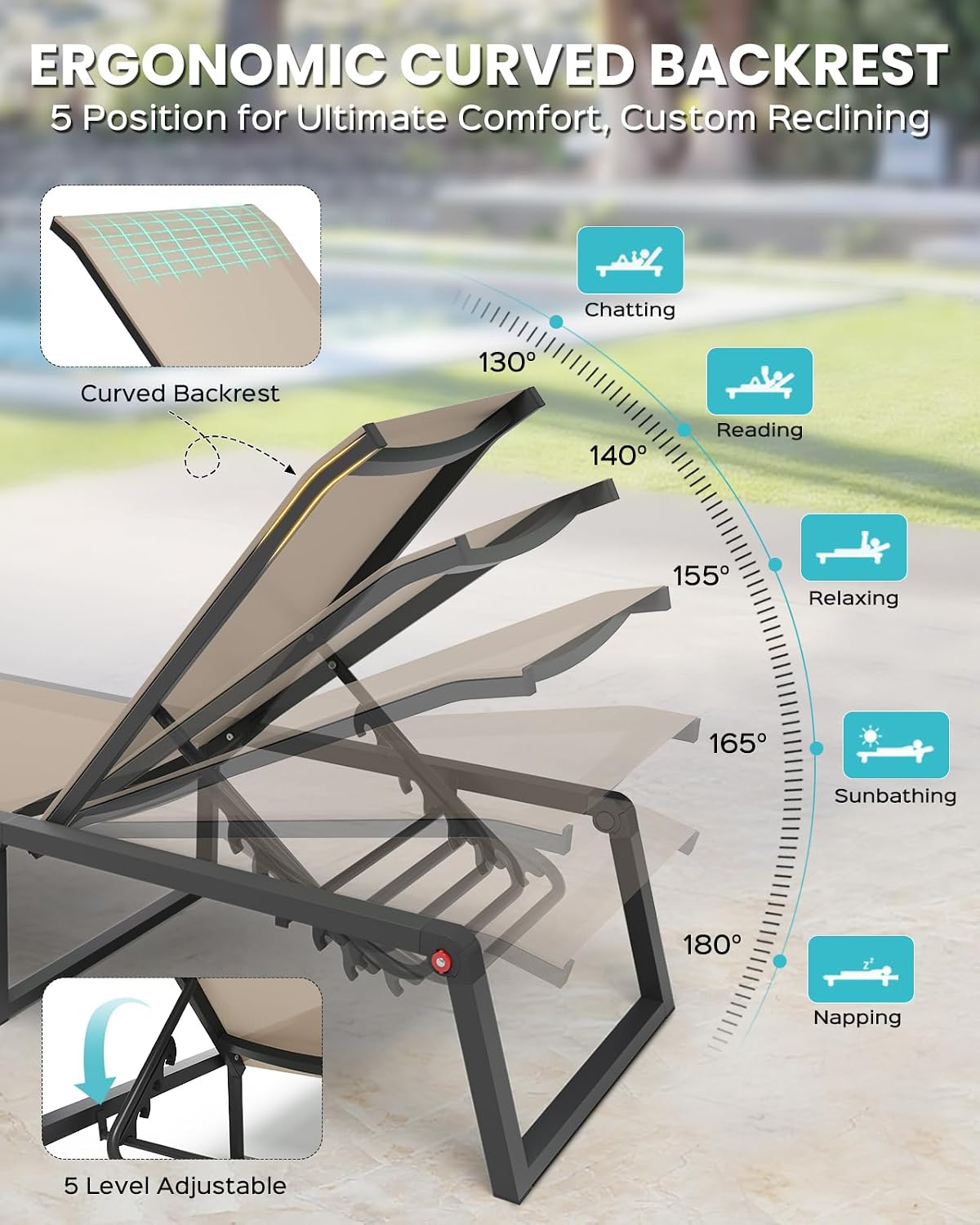 Foldable Aluminum Outdoor 5-Position Pool Chaise Lounge