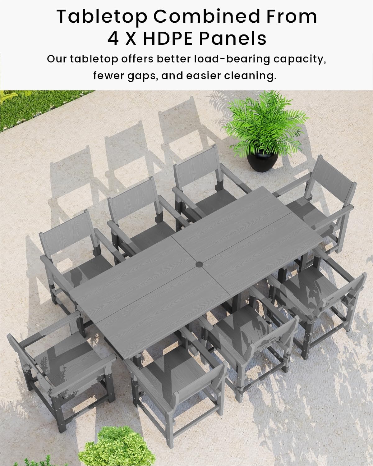 9pc Grey HDPE Table Six Armchairs Umbrella Hole