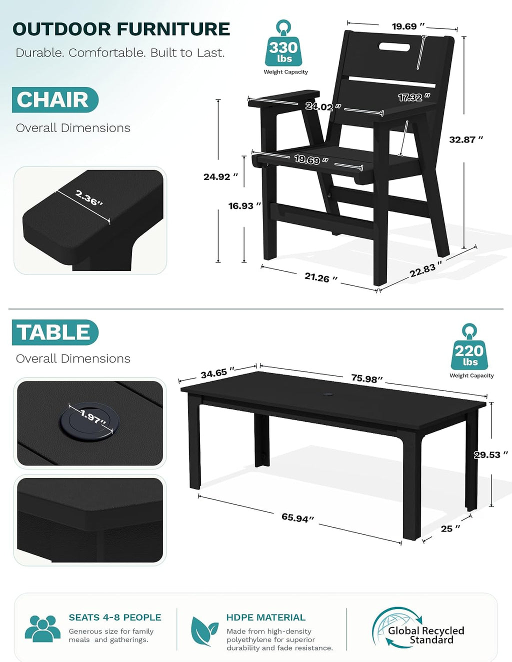 10pc HDPE Dining Set Black Eight Chairs Umbrella