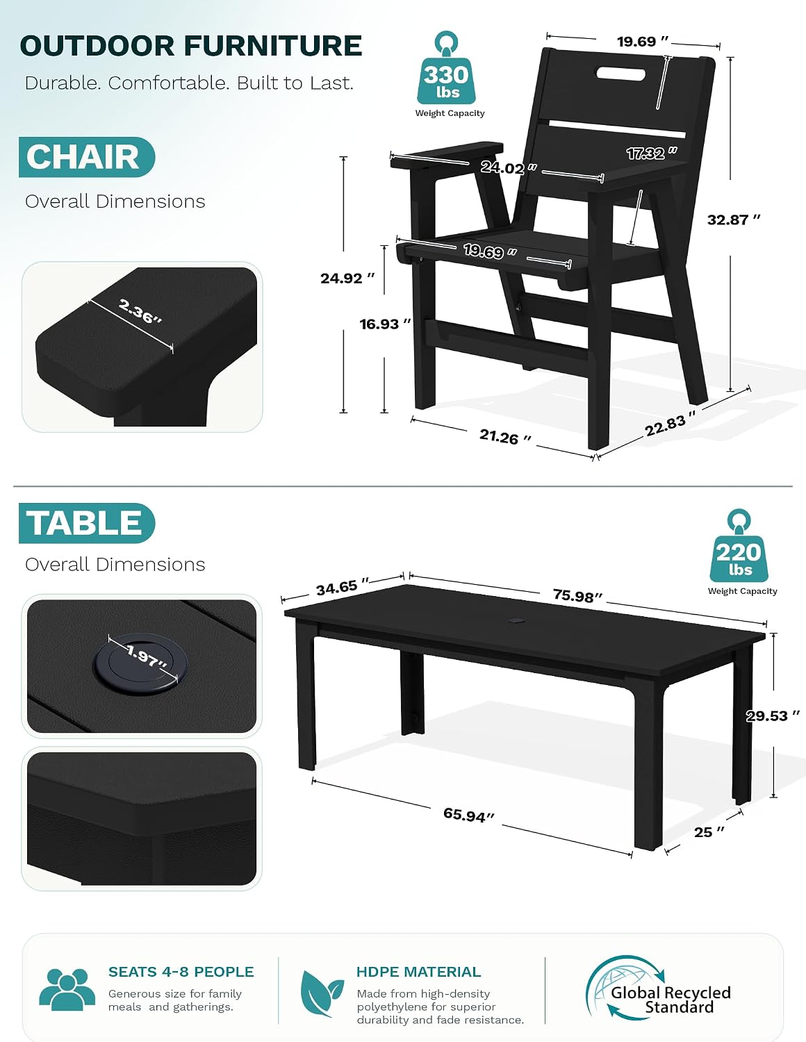 10pc HDPE Dining Set Black Eight Chairs Umbrella