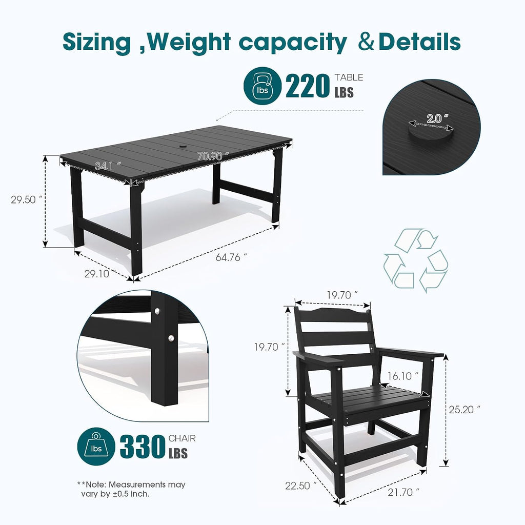 7pc Aluminum Dining Set Black HDPE Umbrella Hole