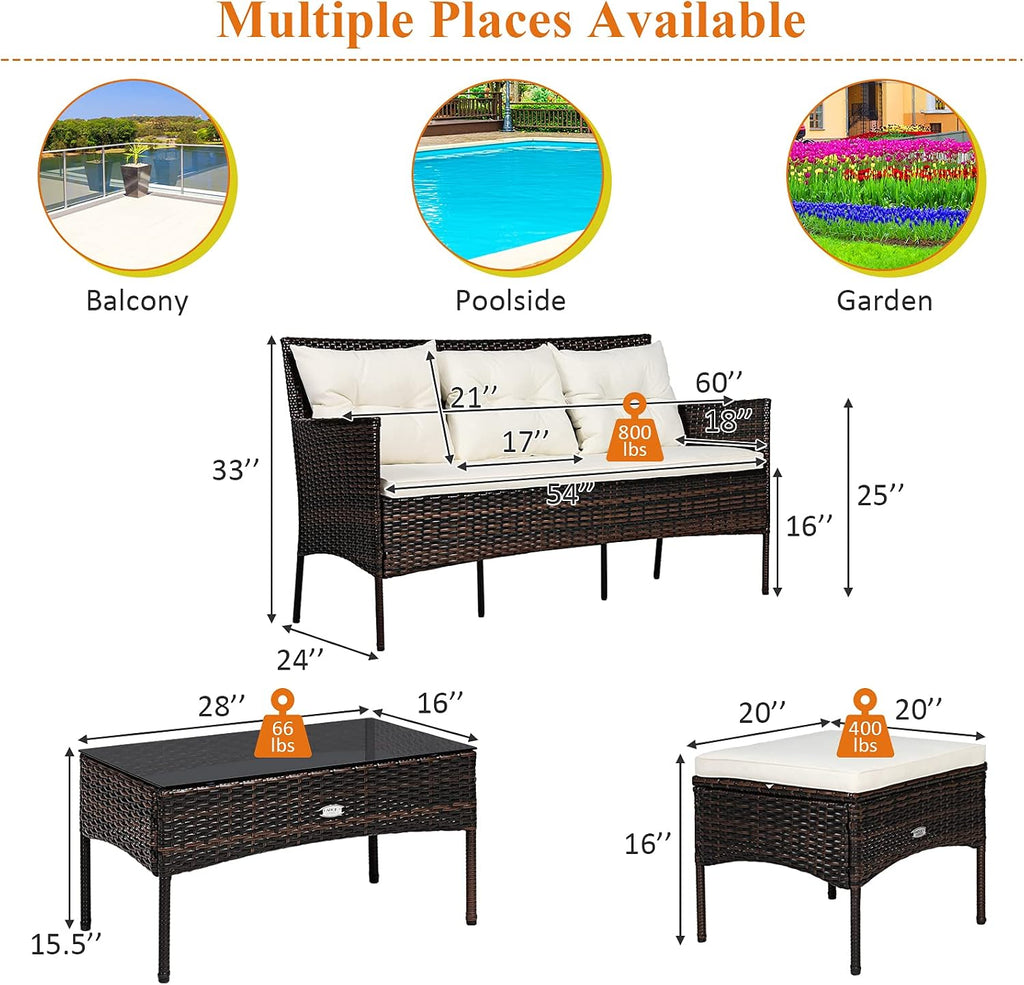 3 Piece PE Rattan Set Cushions Tempered Glass Table