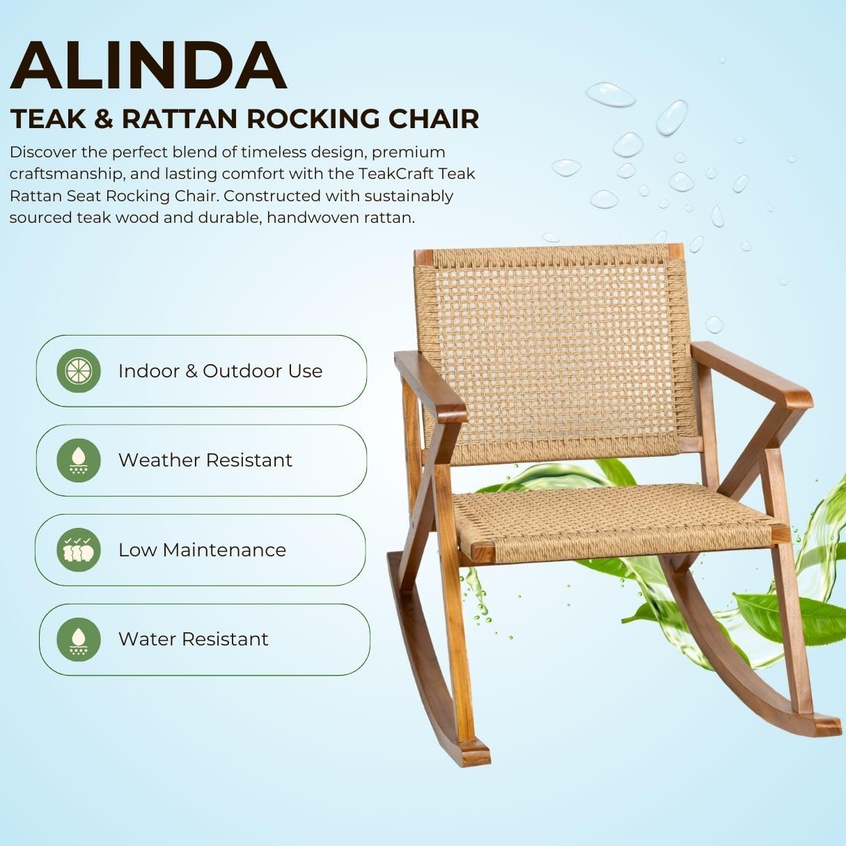 Durable Teak Rocker Rattan Seat Multi Scene Use