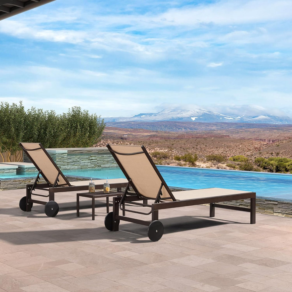Bronze Aluminum Wheeled Patio Lounge Chair 2 Pack Table