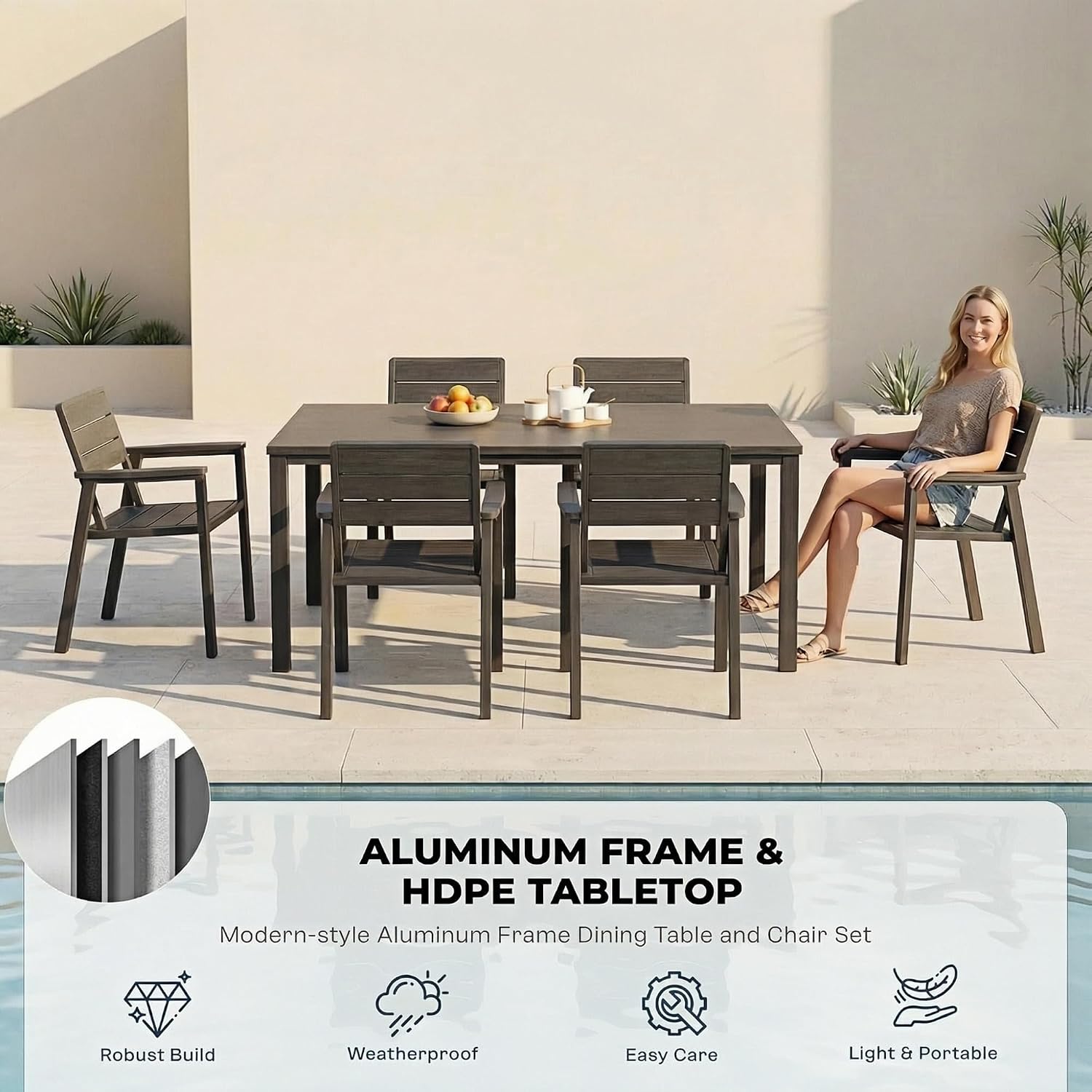 7pc HDPE Metal Dining Set Grey Umbrella Hole Chairs