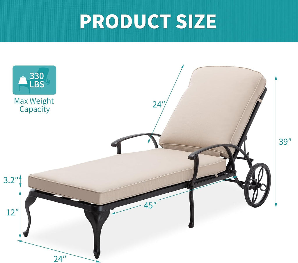 Cast Aluminum Wheeled Cushioned Pool Lounge Chair 2 Pack