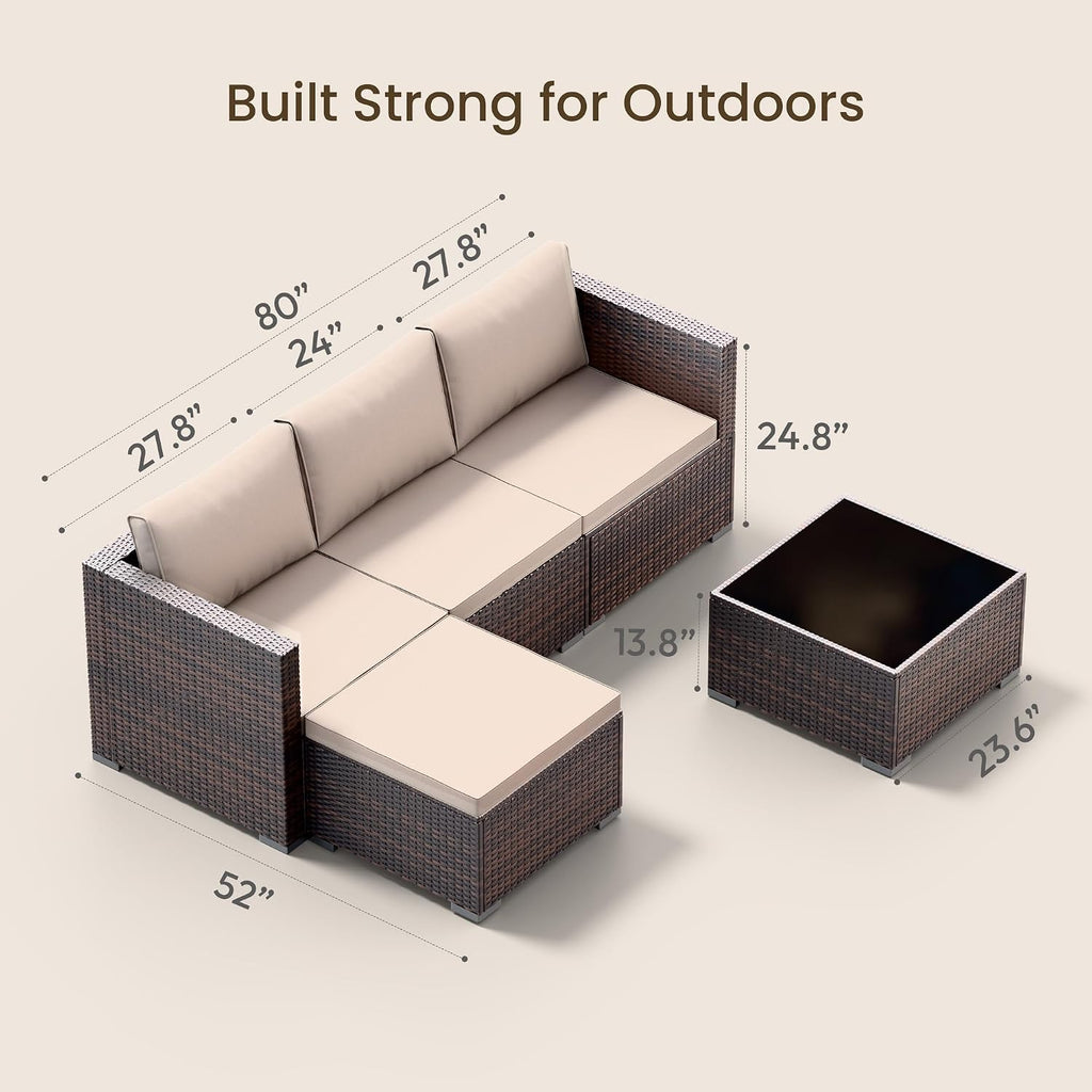 5 Piece Modular Wicker Sectional Khaki Patio Set