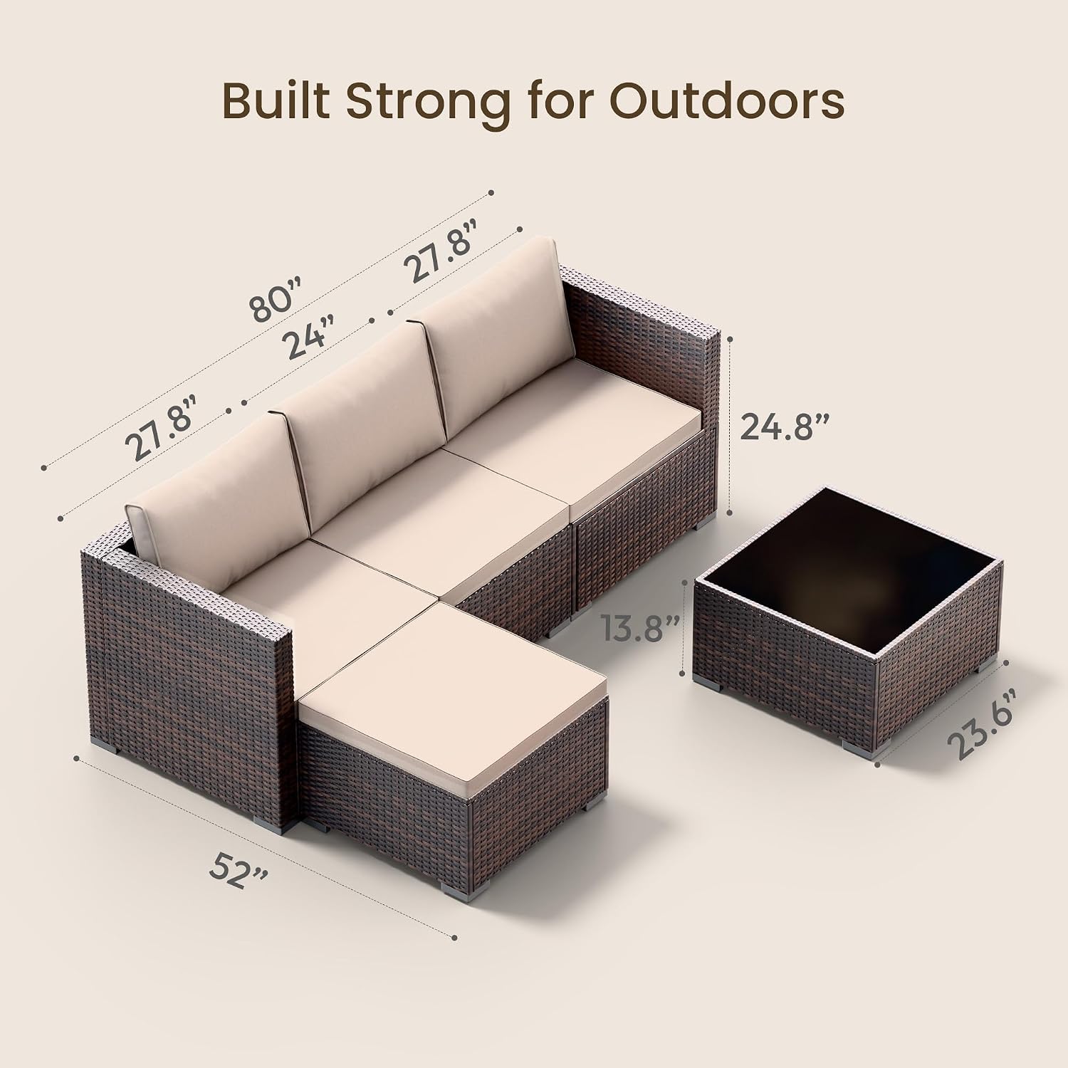 5 Piece Modular Wicker Sectional Khaki Patio Set