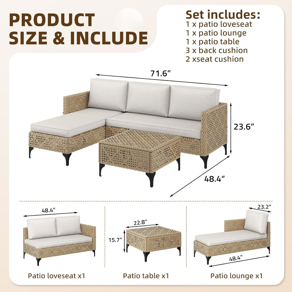 3pc Brown Wicker Set Cushioned Coffee Table Patio