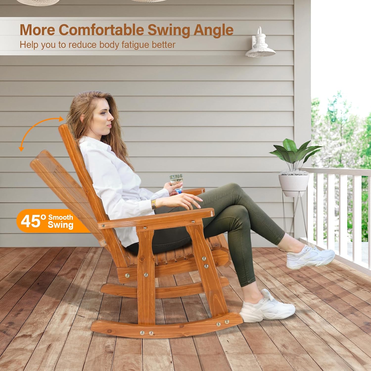 Heavy Duty Weatherproof High Back Wooden Patio Rocking Chair