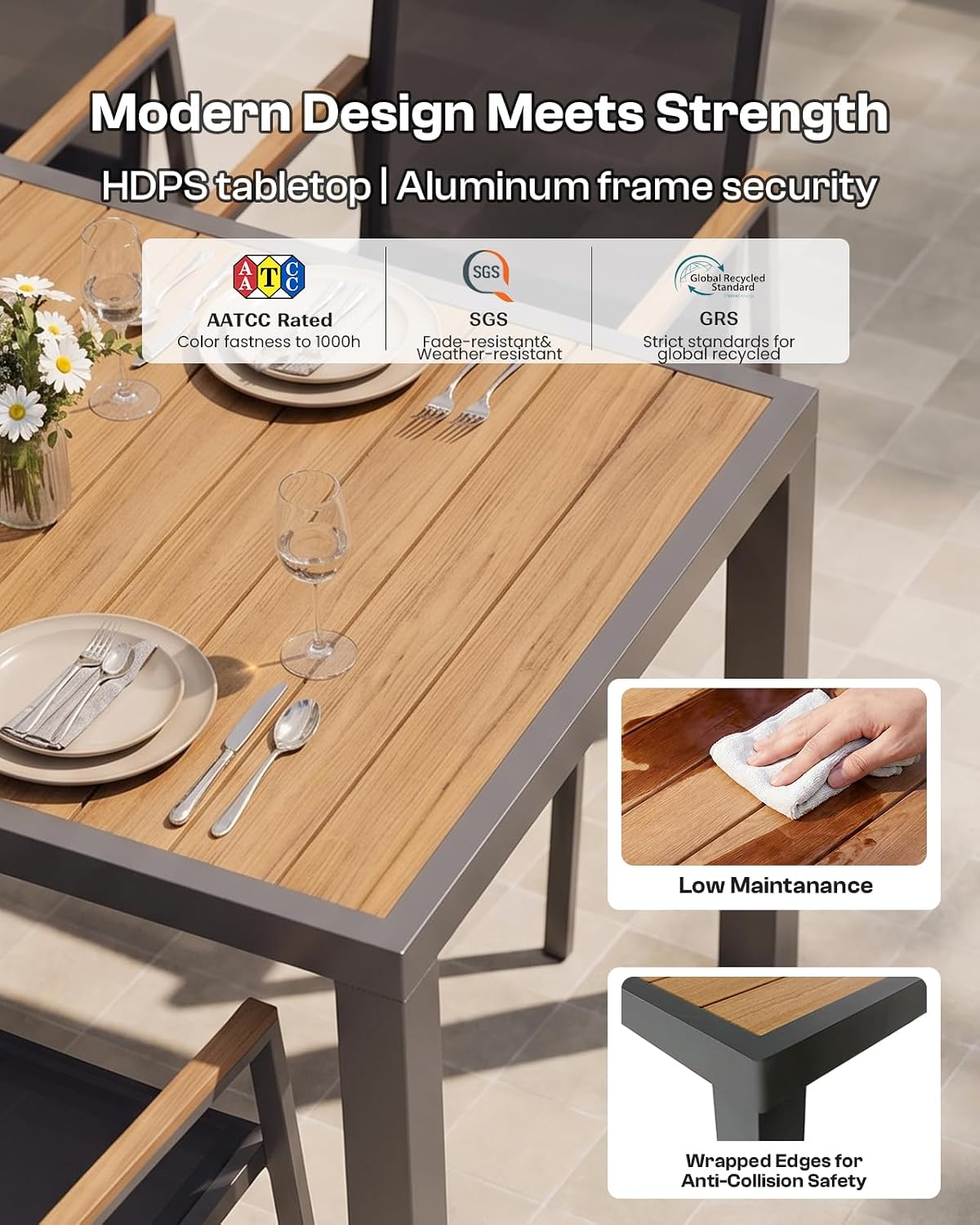 7pc Aluminum Gray-Teak Dining Set Umbrella Hole Chairs