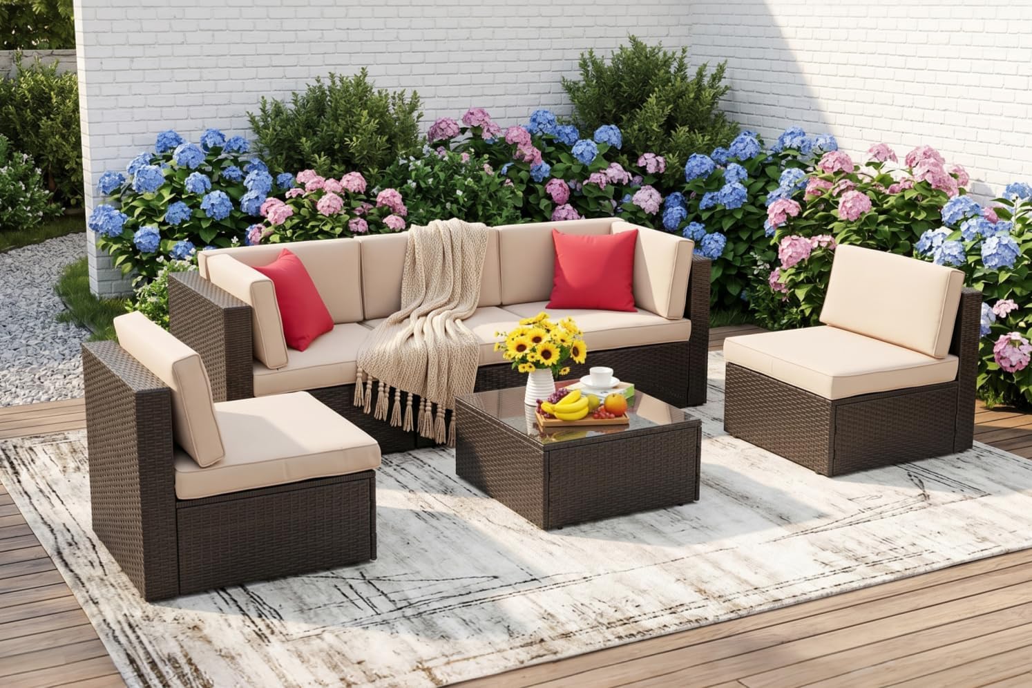 6pc PE Wicker Sectional Beige Coffee Table Patio Set